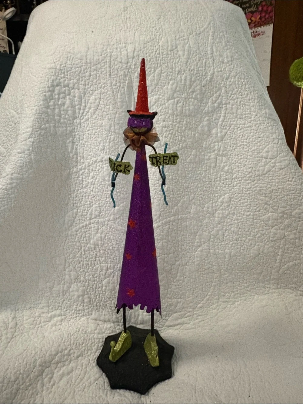 Pier 1 Purple Witch Cone Holiday Figurine with Orange Hat and Green Accents